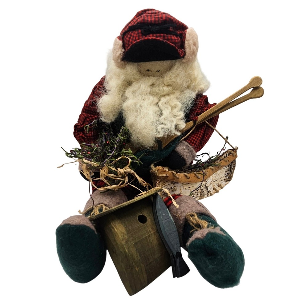 Bouquet Enterprises Rustic Seated Santa Plaid Lodge Christmas Figure 15"